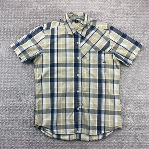 QUIKSILVER Shirt Men Medium M Beige Blue White Plaid Button Up Surf Surfing MENS